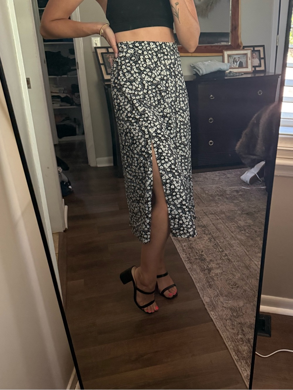 Black Floral Midi Skirt with Front Slit